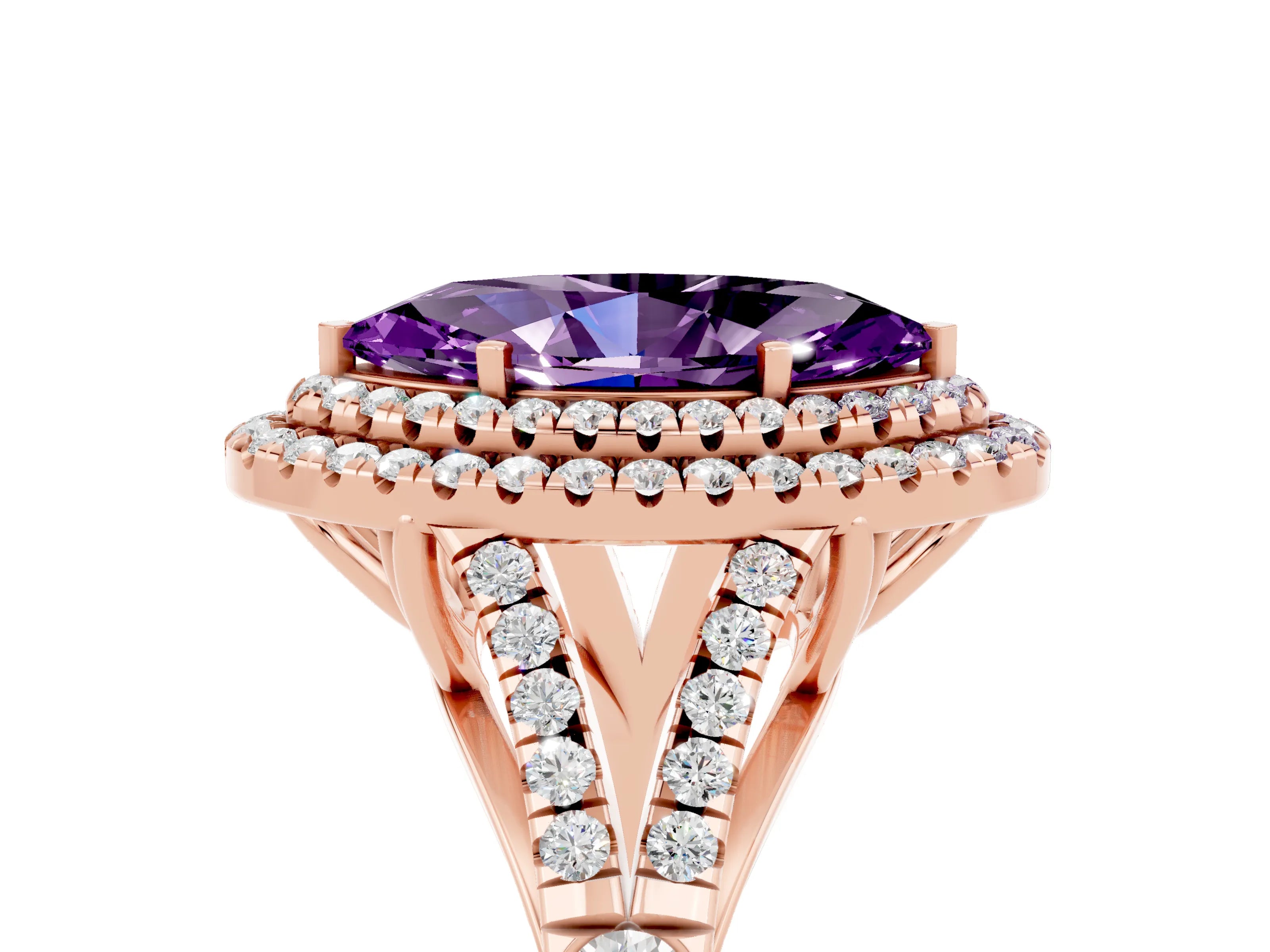 Rose gold Marquise Cut Amethyst Double Halo Ring with Split Shank and Prong Setting_17