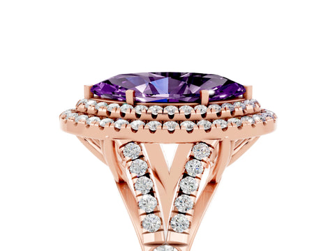 Rose gold Marquise Cut Amethyst Double Halo Ring with Split Shank and Prong Setting_17
