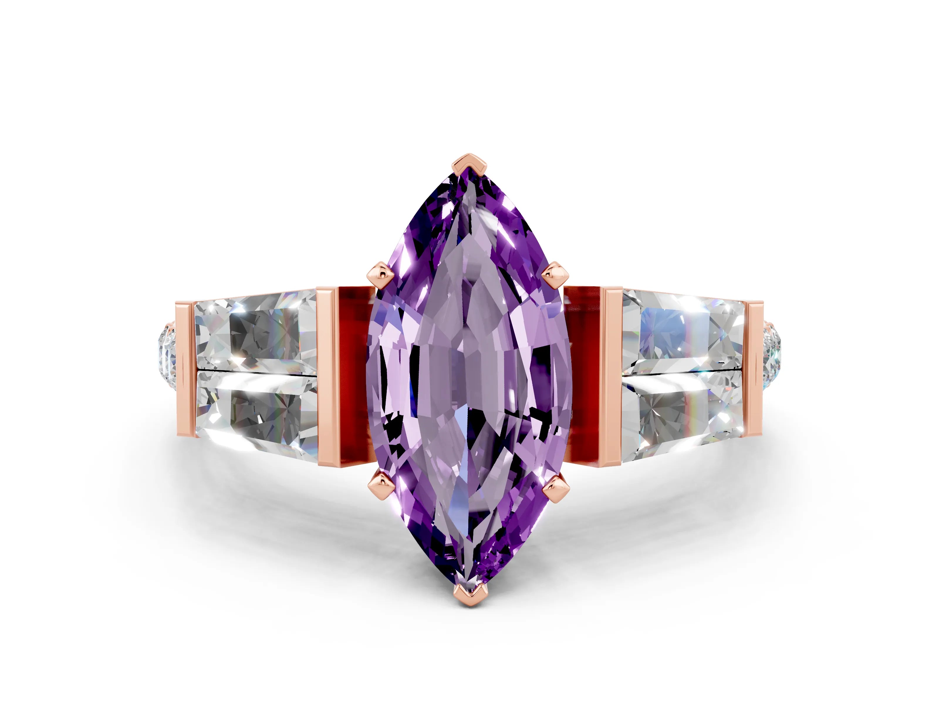 Rose gold Marquise Cut Amethyst Engagement Ring with Baguette Side Stones and Channel Set Band