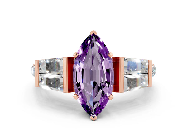 Rose gold Marquise Cut Amethyst Engagement Ring with Baguette Side Stones and Channel Set Band