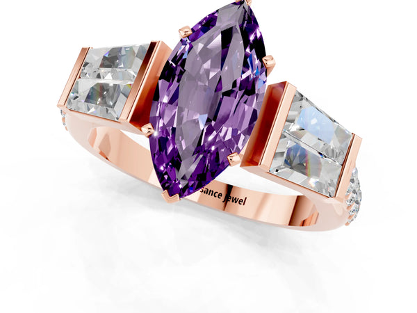 Rose gold Marquise Cut Amethyst Engagement Ring with Baguette Side Stones and Channel Set Band