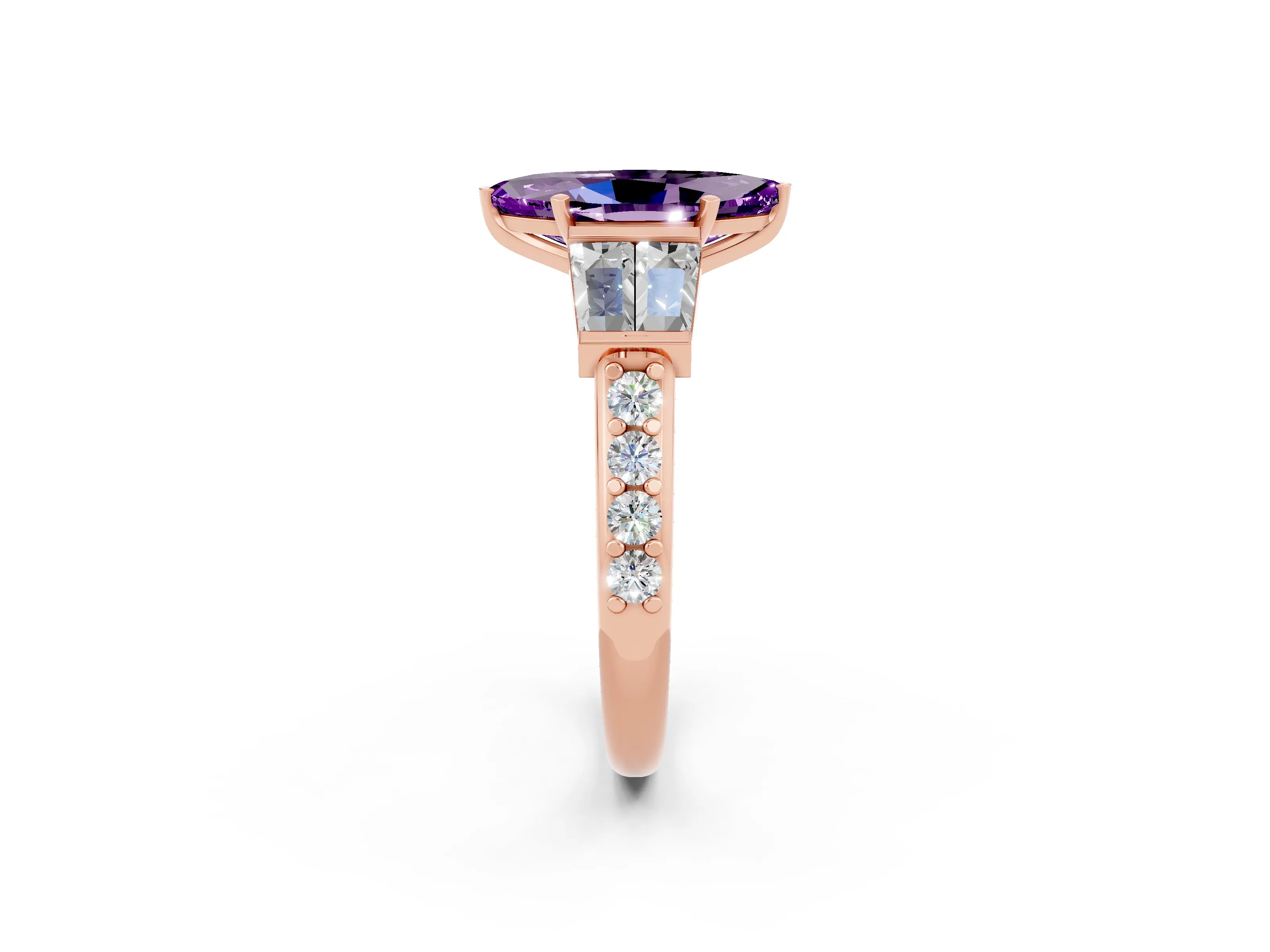 Rose gold Marquise Cut Amethyst Engagement Ring with Baguette Side Stones and Channel Set Band_2