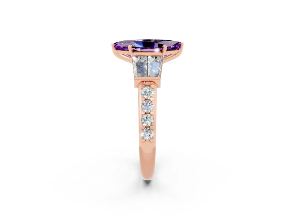 Rose gold Marquise Cut Amethyst Engagement Ring with Baguette Side Stones and Channel Set Band