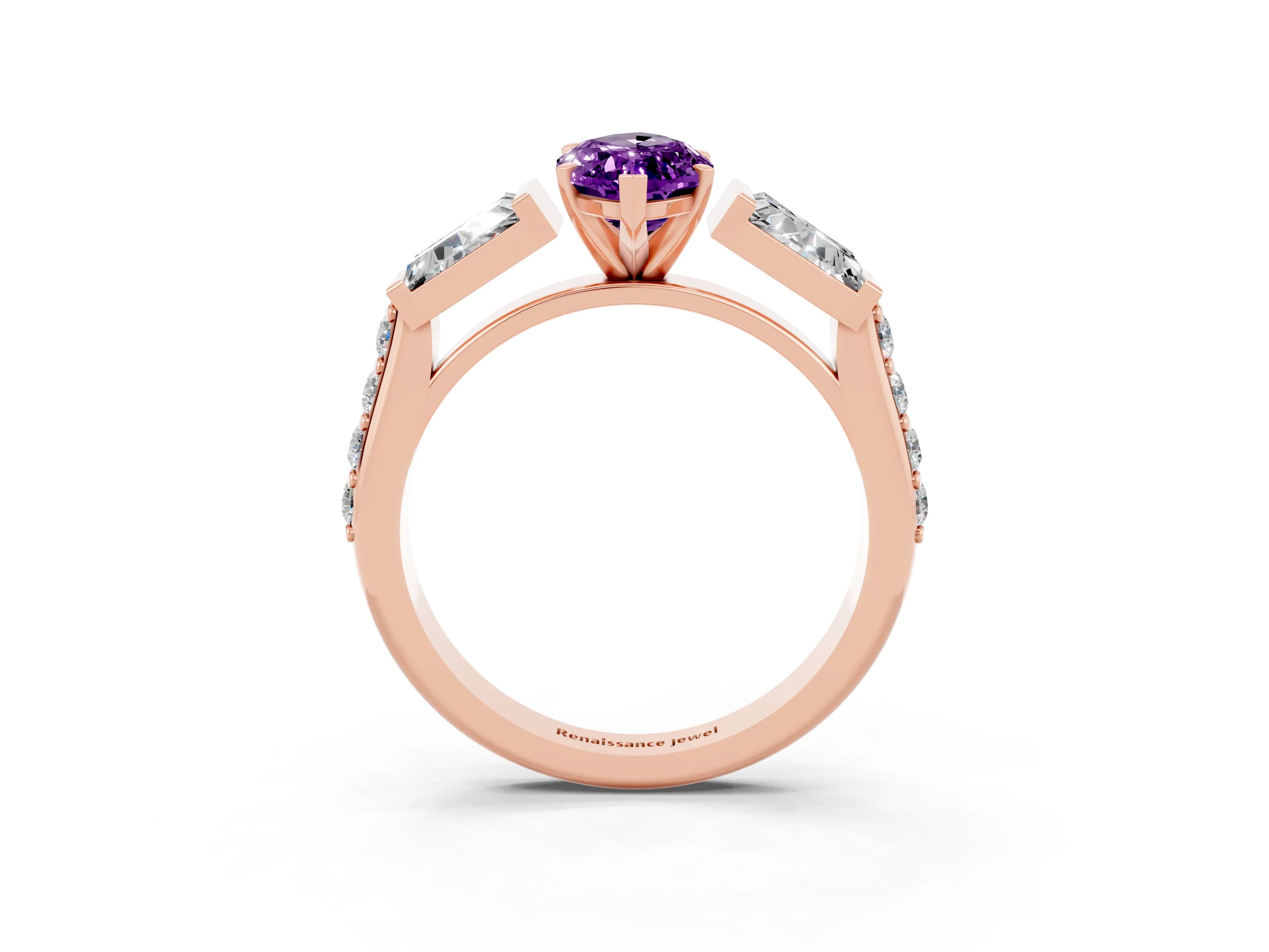 Rose gold Marquise Cut Amethyst Engagement Ring with Baguette Side Stones and Channel Set Band_3