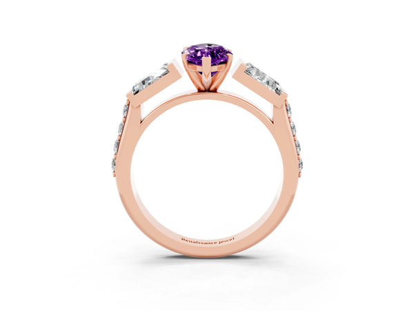 Rose gold Marquise Cut Amethyst Engagement Ring with Baguette Side Stones and Channel Set Band