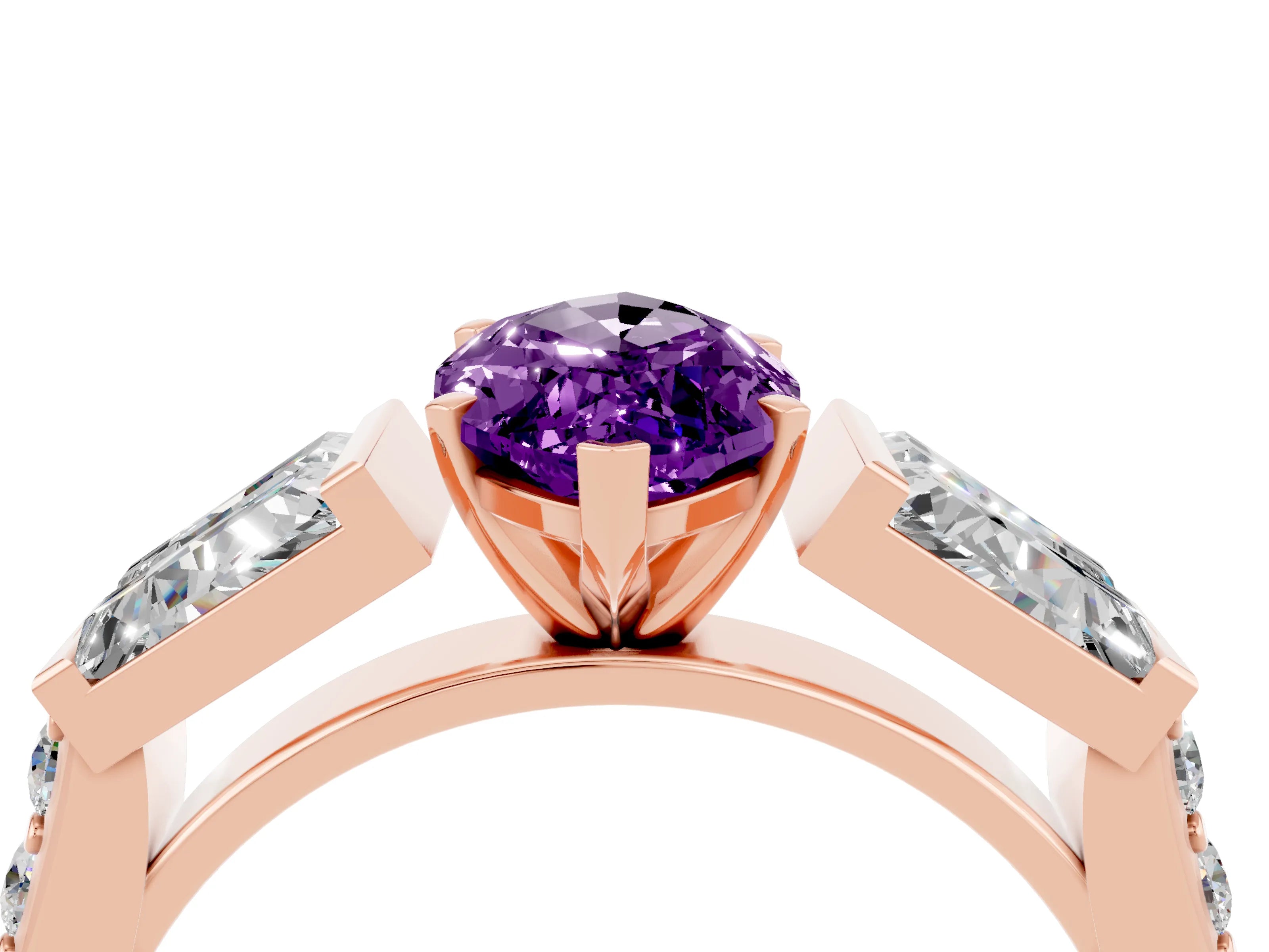Rose gold Marquise Cut Amethyst Engagement Ring with Baguette Side Stones and Channel Set Band_4