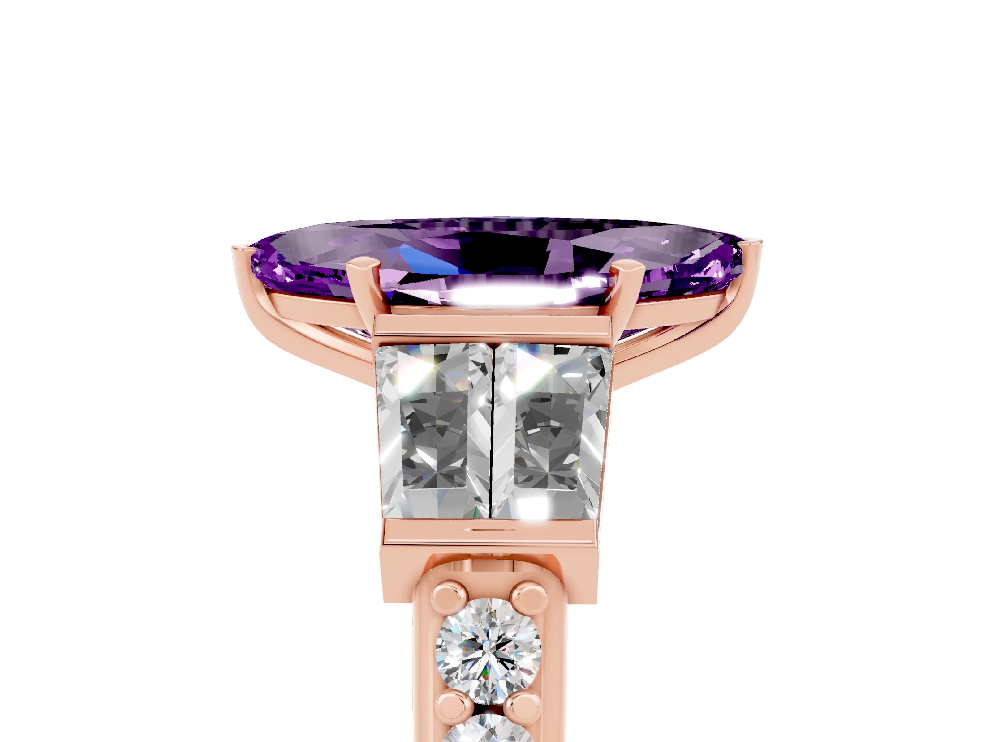 Rose gold Marquise Cut Amethyst Engagement Ring with Baguette Side Stones and Channel Set Band_5