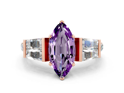 Rose gold Marquise Cut Amethyst Engagement Ring with Baguette Side Stones and Channel Set Band