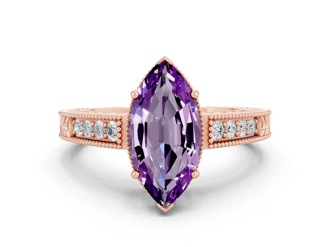 Rose gold Marquise Cut Amethyst Engagement Ring with Milgrain Channel Set Band and Prong Setting