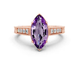 Rose gold Marquise Cut Amethyst Engagement Ring with Milgrain Channel Set Band and Prong Setting