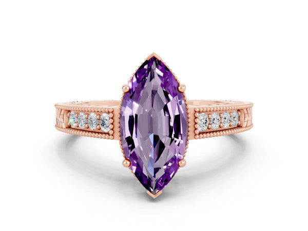 Rose gold Marquise Cut Amethyst Engagement Ring with Milgrain Channel Set Band and Prong Setting
