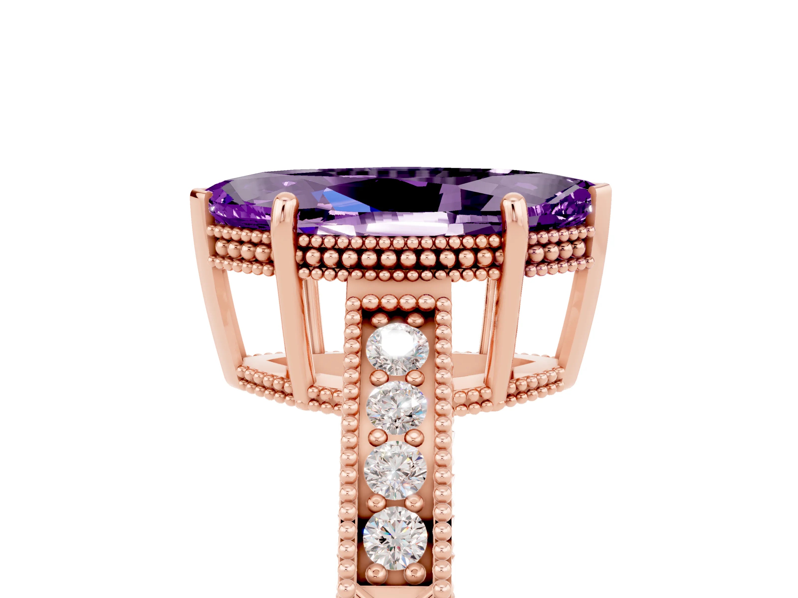 Rose gold Marquise Cut Amethyst Engagement Ring with Milgrain Channel Set Band and Prong Setting_5