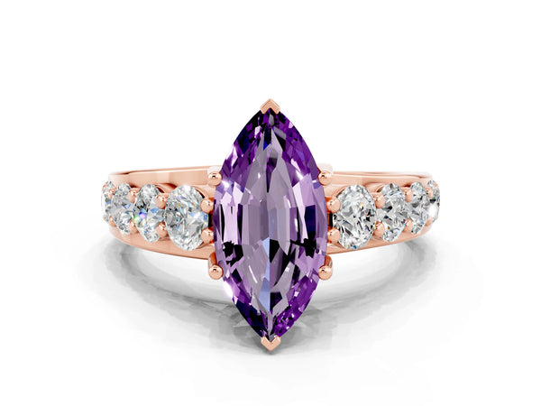 Rose gold Marquise Cut Amethyst Engagement Ring with Pavé Band and Four-Prong Setting