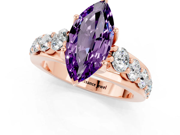 Rose gold Marquise Cut Amethyst Engagement Ring with Pavé Band and Four-Prong Setting