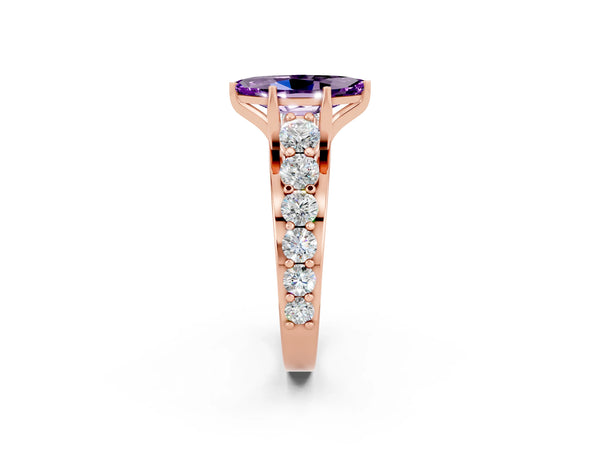 Rose gold Marquise Cut Amethyst Engagement Ring with Pavé Band and Four-Prong Setting