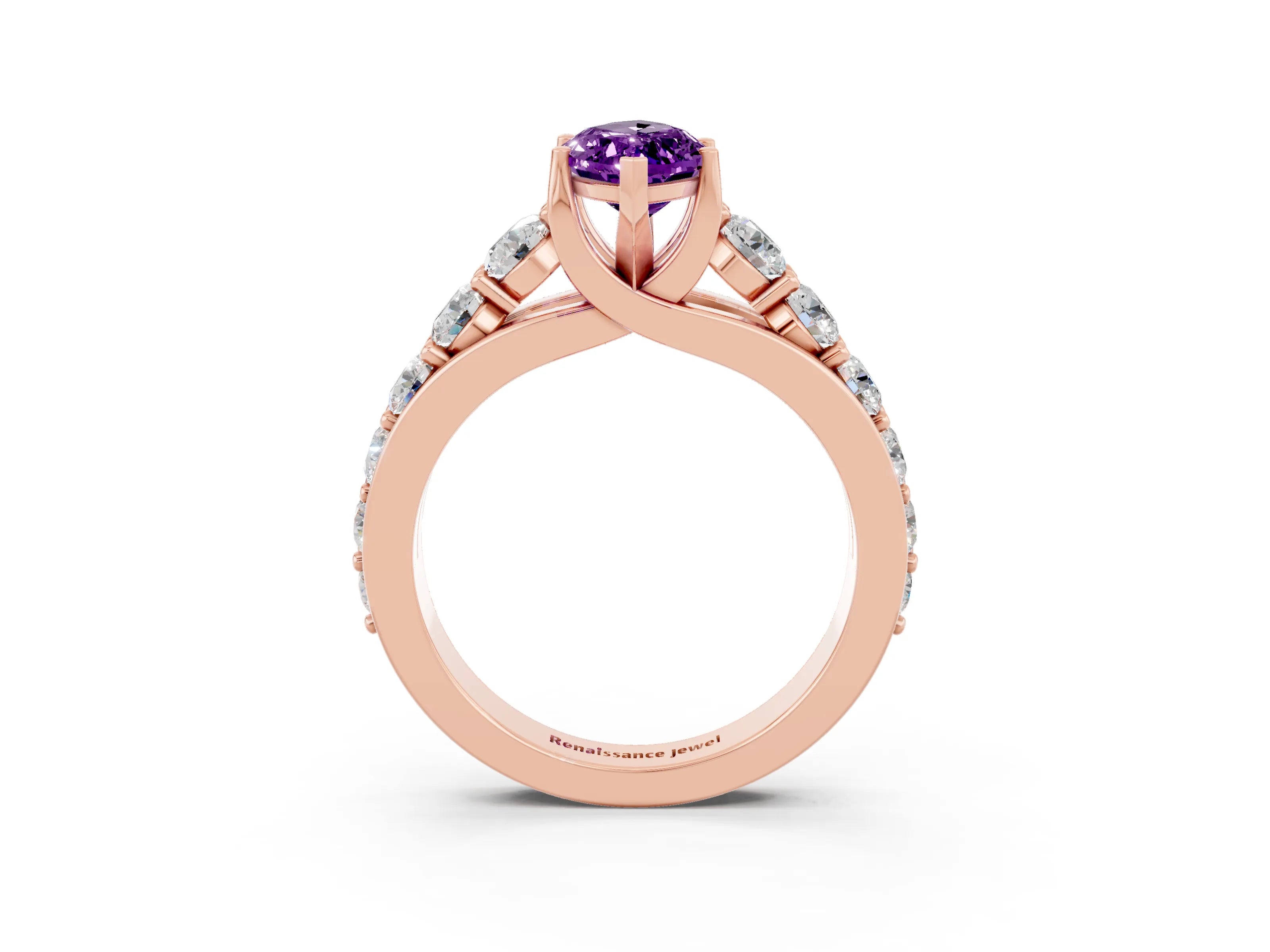 Rose gold Marquise Cut Amethyst Engagement Ring with Pavé Band and Four-Prong Setting_3