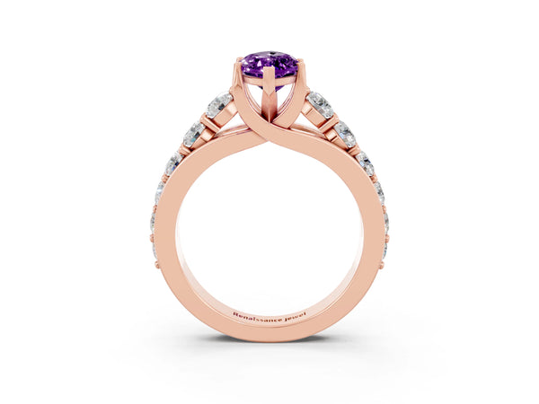 Rose gold Marquise Cut Amethyst Engagement Ring with Pavé Band and Four-Prong Setting