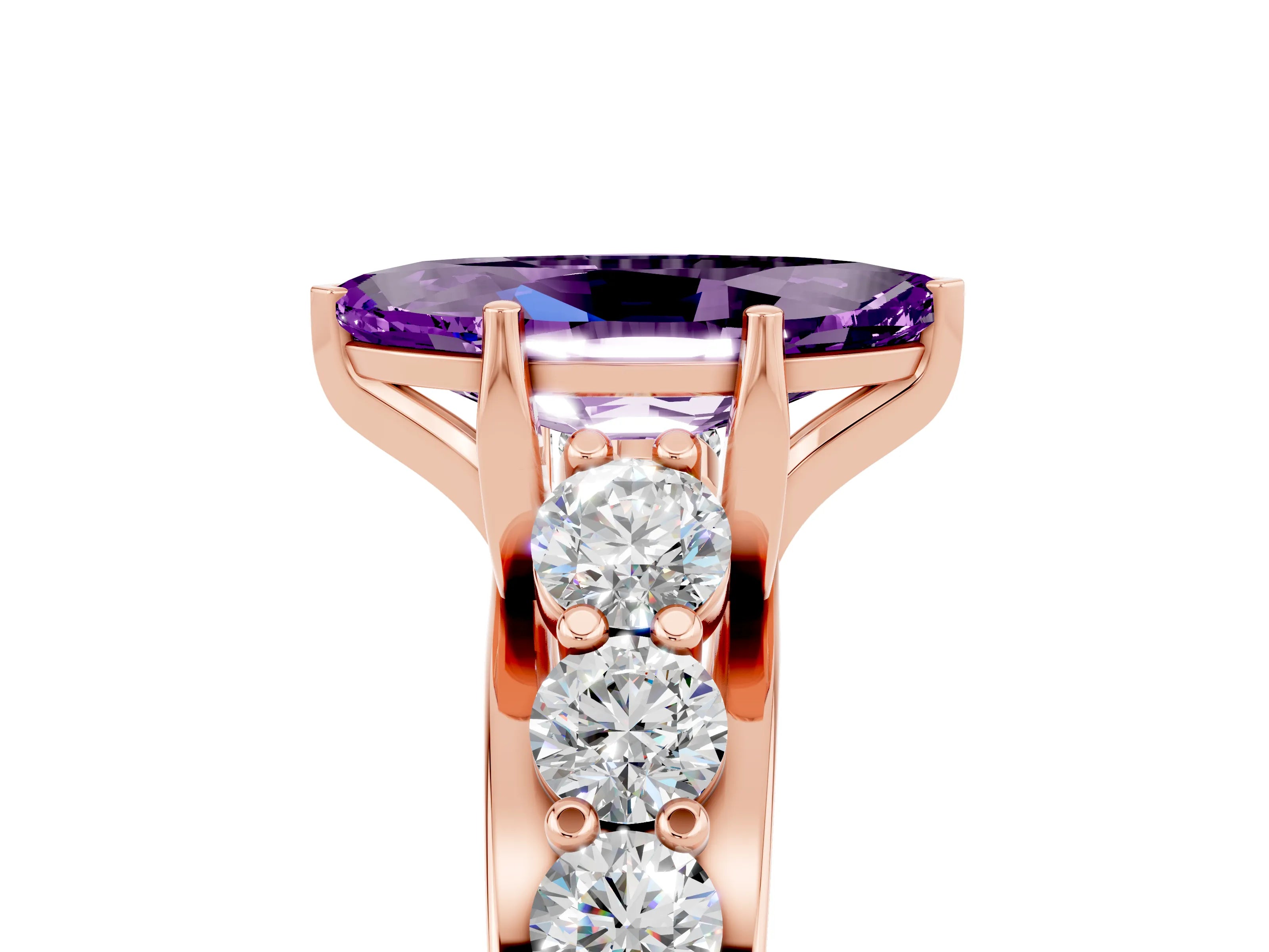 Rose gold Marquise Cut Amethyst Engagement Ring with Pavé Band and Four-Prong Setting_5