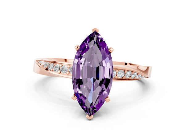 Rose gold Marquise Cut Amethyst Engagement Ring with Side Stone Accents and Four-Prong Setting