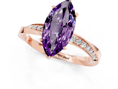 Rose gold Marquise Cut Amethyst Engagement Ring with Side Stone Accents and Four-Prong Setting_28