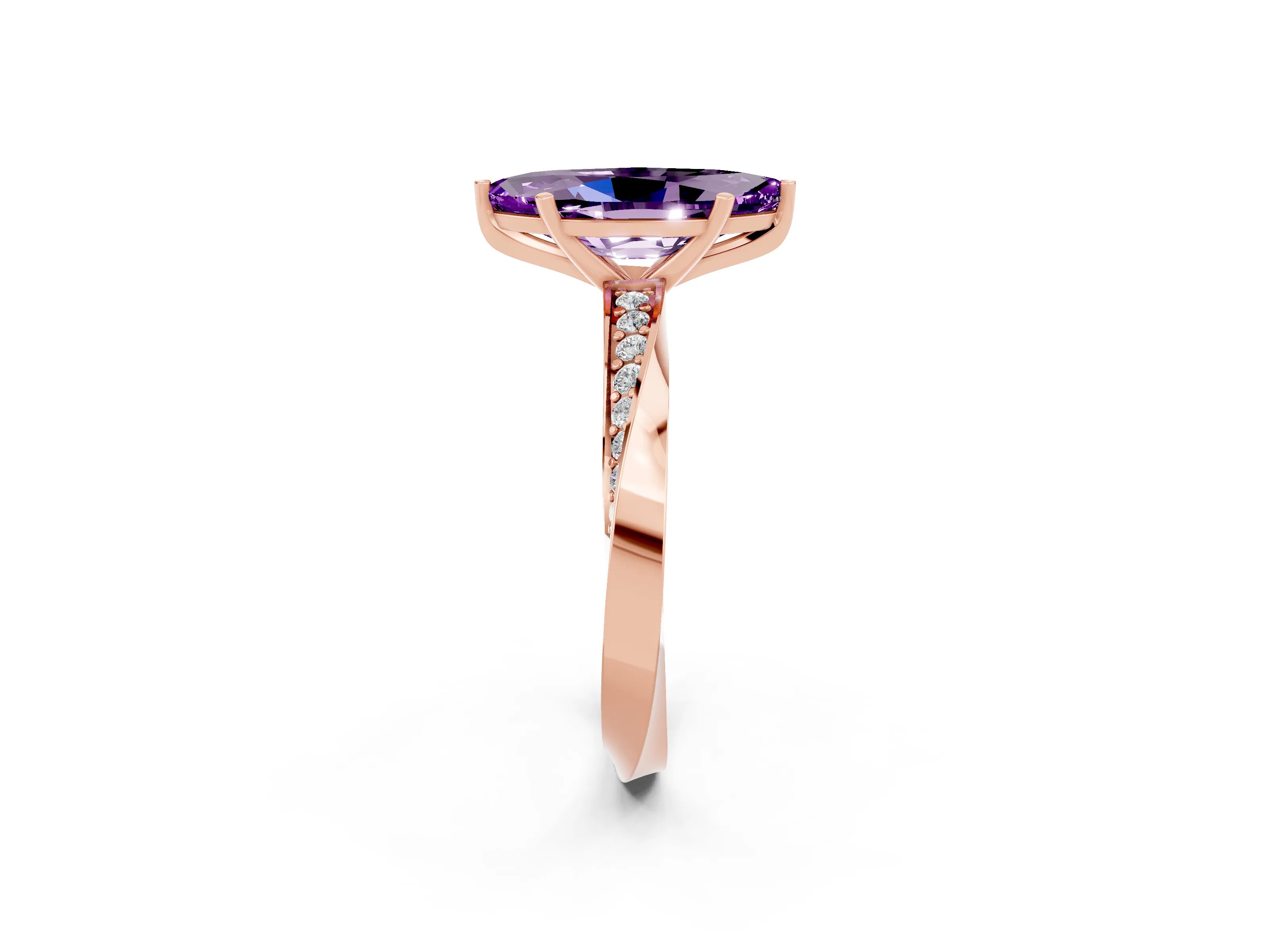 Rose gold Marquise Cut Amethyst Engagement Ring with Side Stone Accents and Four-Prong Setting_29