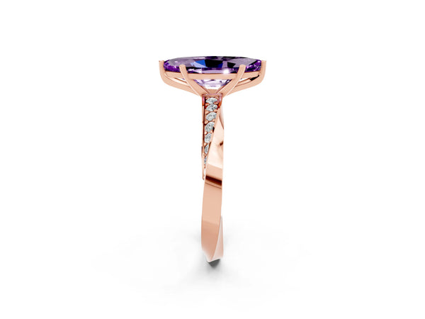 Rose gold Marquise Cut Amethyst Engagement Ring with Side Stone Accents and Four-Prong Setting