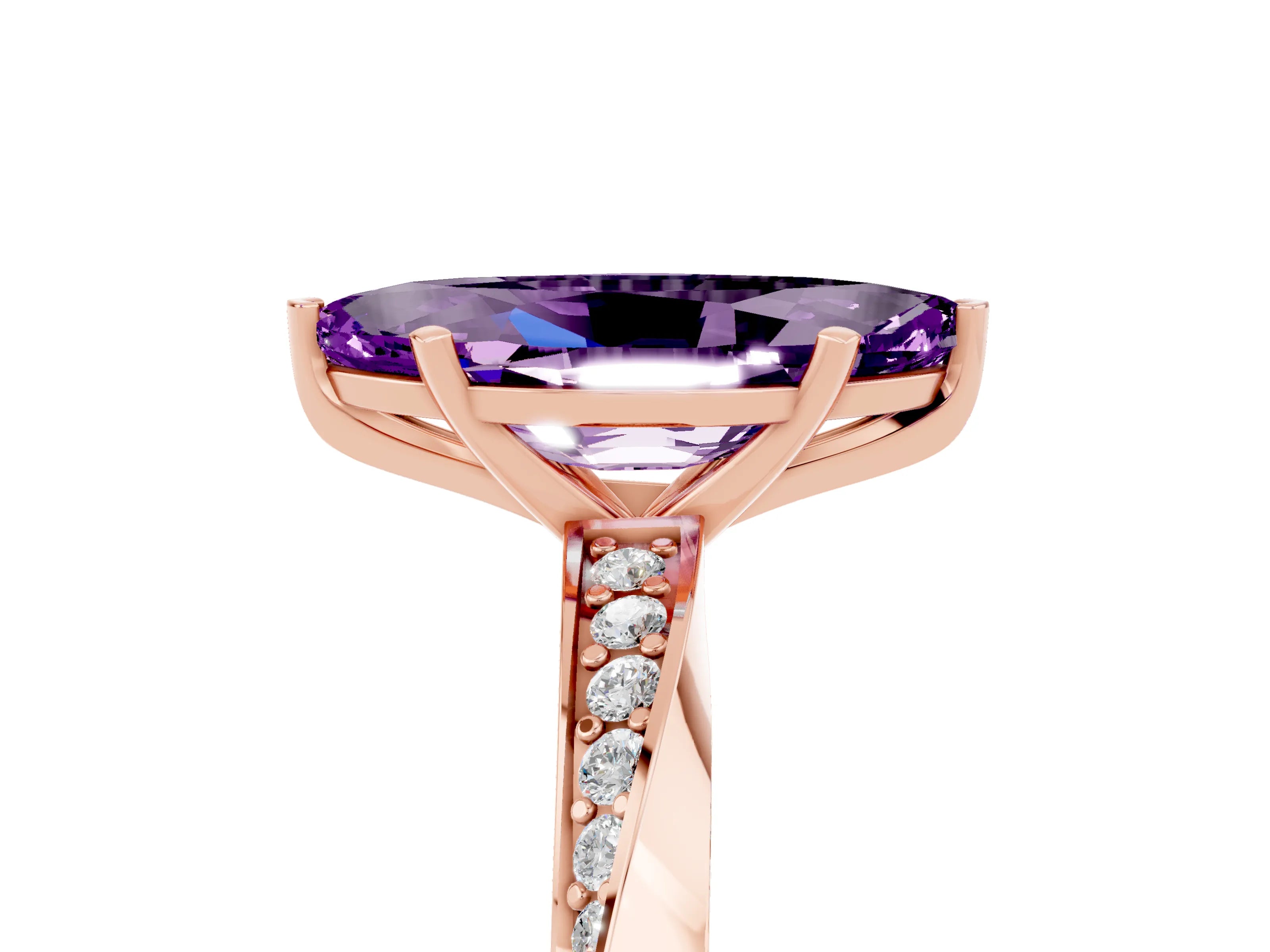 Rose gold Marquise Cut Amethyst Engagement Ring with Side Stone Accents and Four-Prong Setting_32