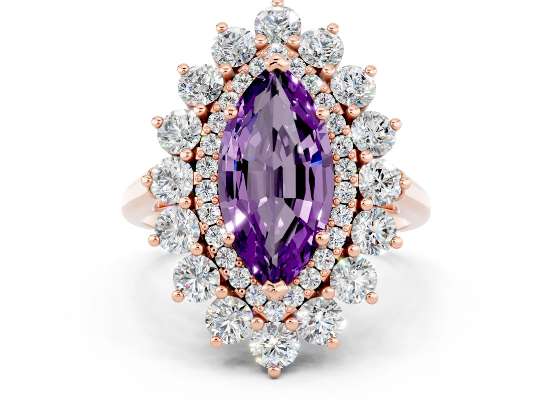 Rose gold Marquise Cut Amethyst Floral Double Halo Engagement Ring with Prong Setting_48