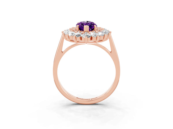 Rose gold Marquise Cut Amethyst Floral Double Halo Engagement Ring with Prong Setting