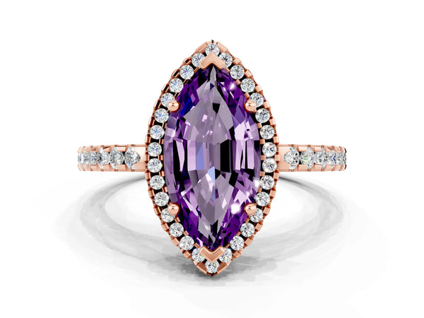 Rose gold Marquise Cut Amethyst Halo Engagement Ring with Pavé Band and Prong Setting