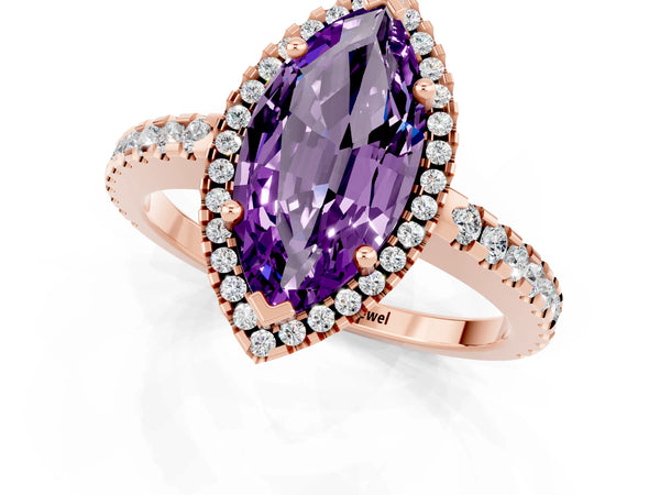 Rose gold Marquise Cut Amethyst Halo Engagement Ring with Pavé Band and Prong Setting