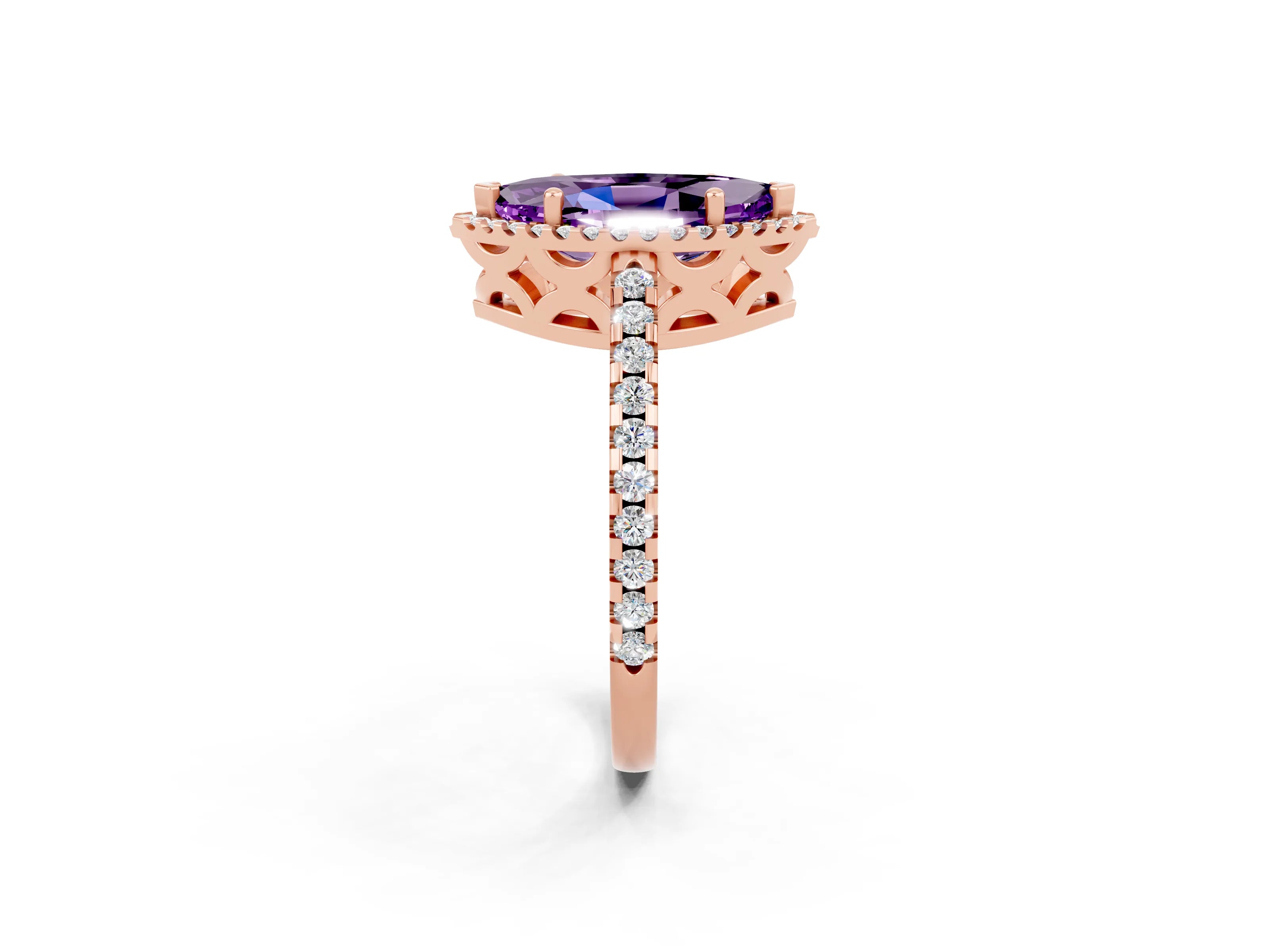 Rose gold Marquise Cut Amethyst Halo Engagement Ring with Pavé Band and Prong Setting_14