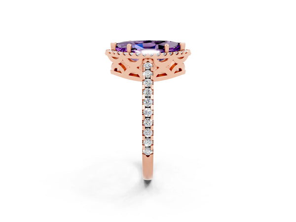 Rose gold Marquise Cut Amethyst Halo Engagement Ring with Pavé Band and Prong Setting