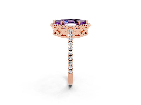 Rose gold Marquise Cut Amethyst Halo Engagement Ring with Pavé Band and Prong Setting_14