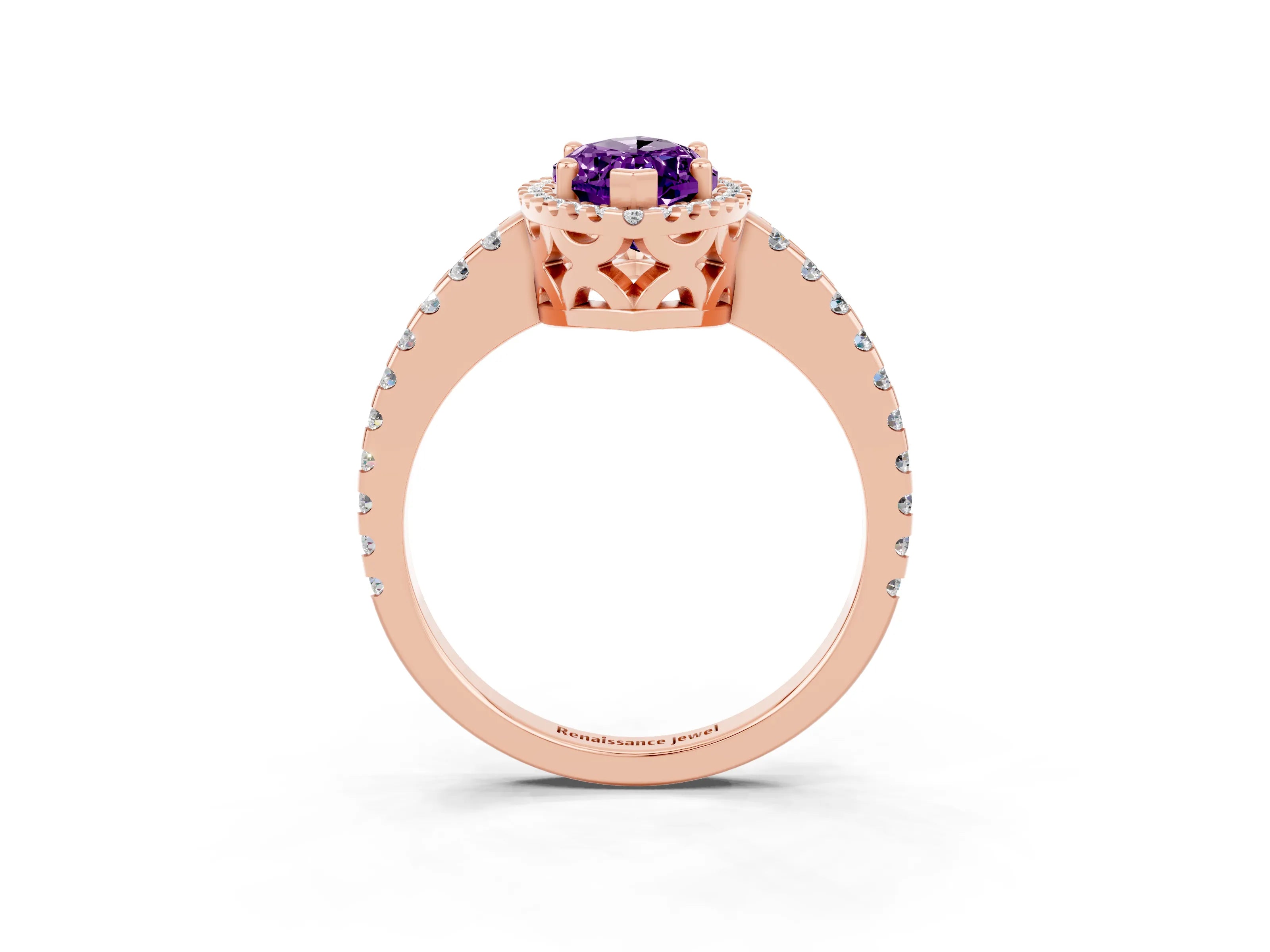 Rose gold Marquise Cut Amethyst Halo Engagement Ring with Pavé Band and Prong Setting_15