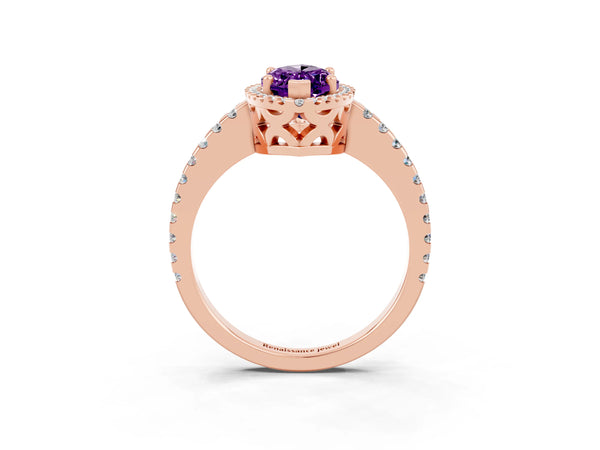 Rose gold Marquise Cut Amethyst Halo Engagement Ring with Pavé Band and Prong Setting