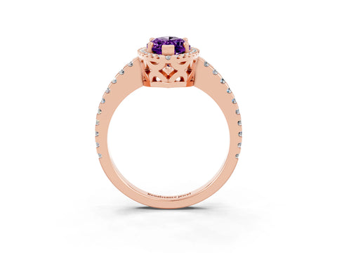 Rose gold Marquise Cut Amethyst Halo Engagement Ring with Pavé Band and Prong Setting_15