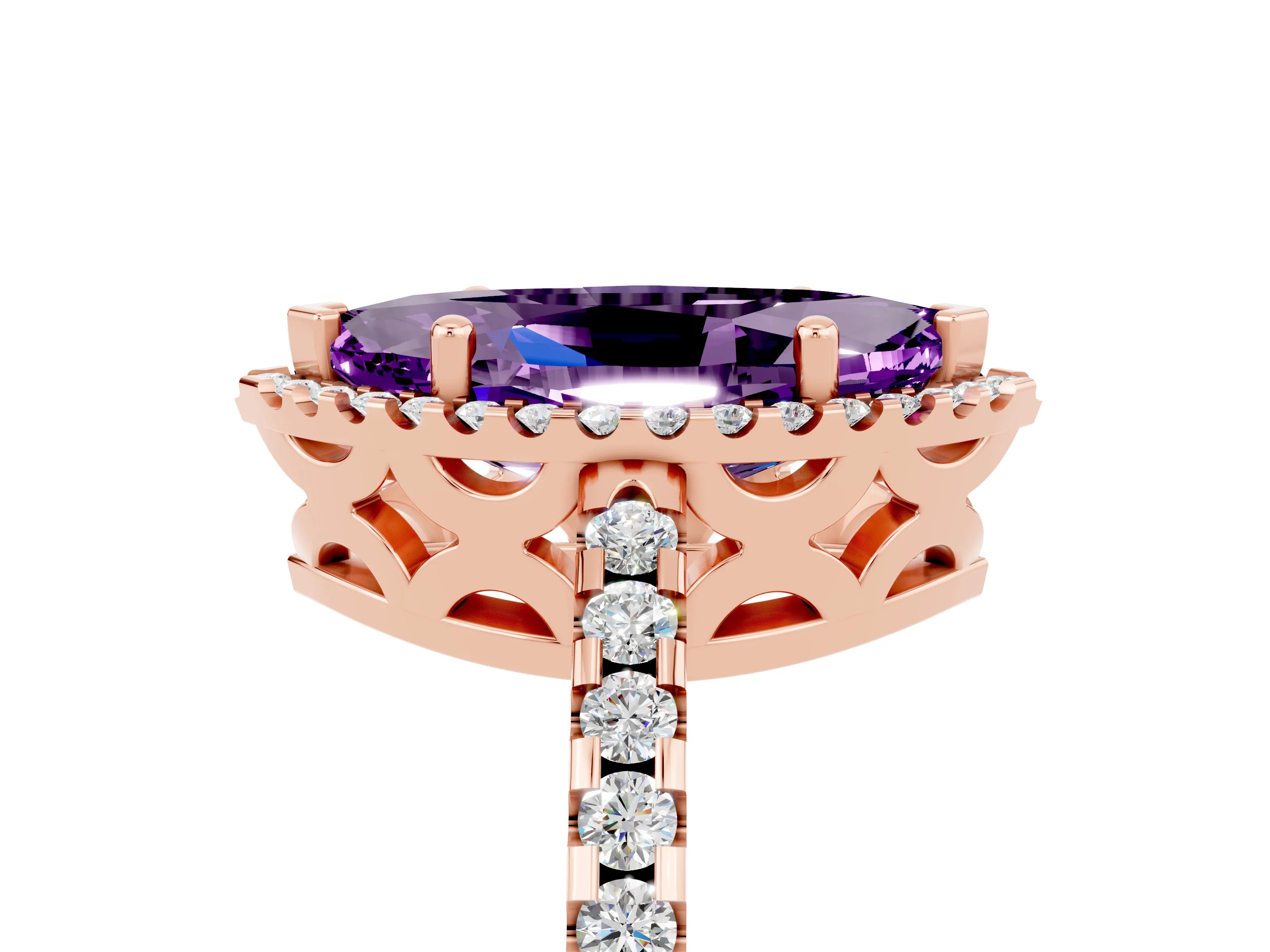Rose gold Marquise Cut Amethyst Halo Engagement Ring with Pavé Band and Prong Setting_17