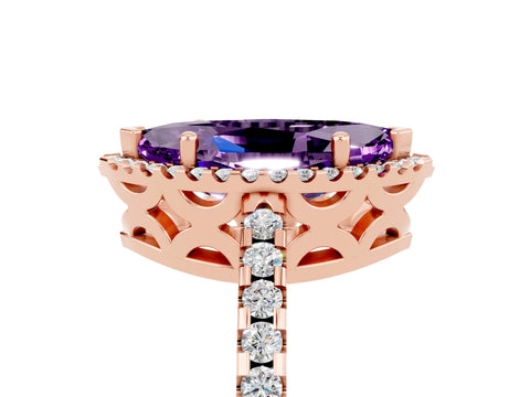 Rose gold Marquise Cut Amethyst Halo Engagement Ring with Pavé Band and Prong Setting_17