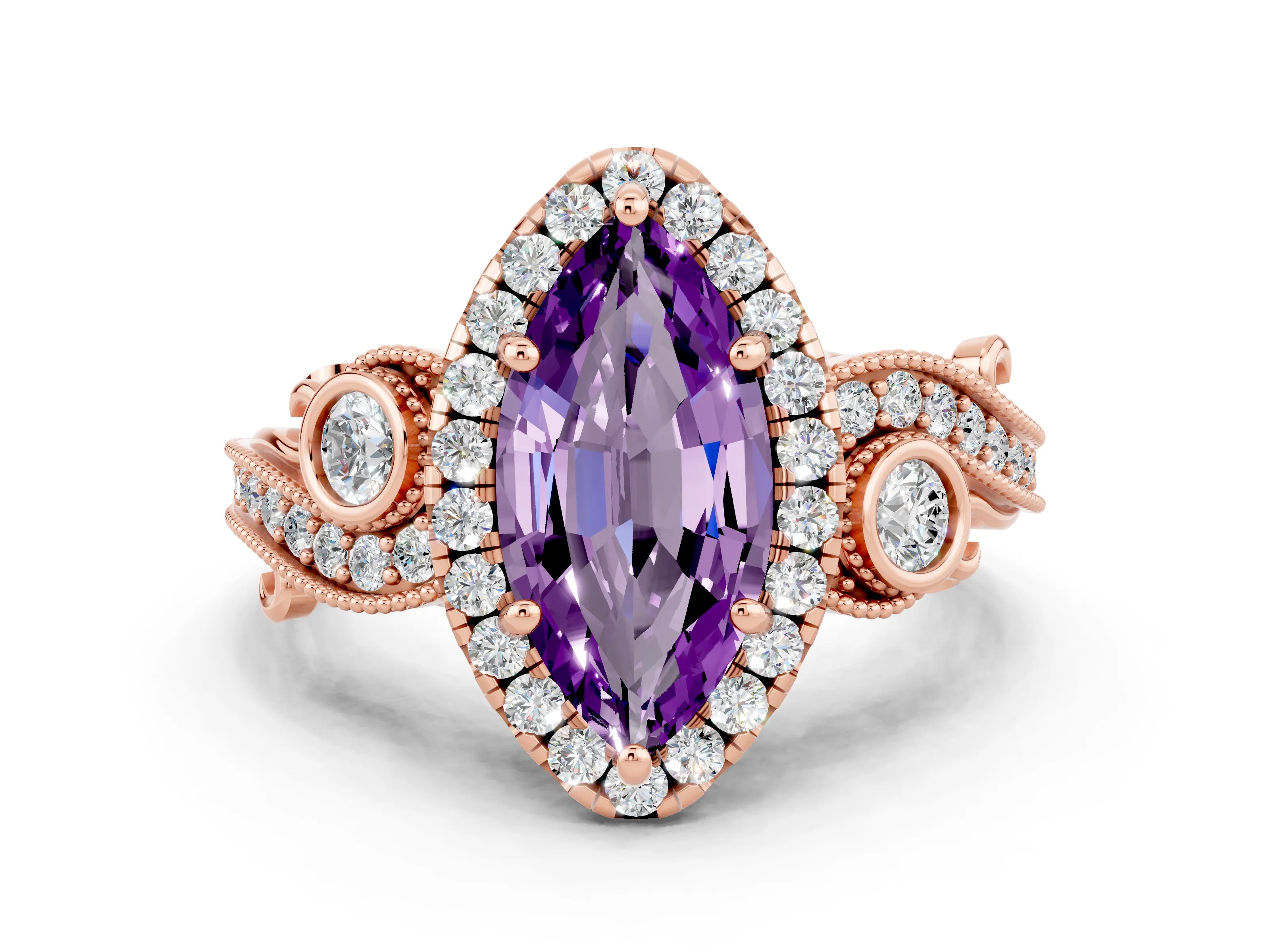 Rose gold Marquise Cut Amethyst Halo Ring with Milgrain Pavé Band and Four-Prong Setting_12