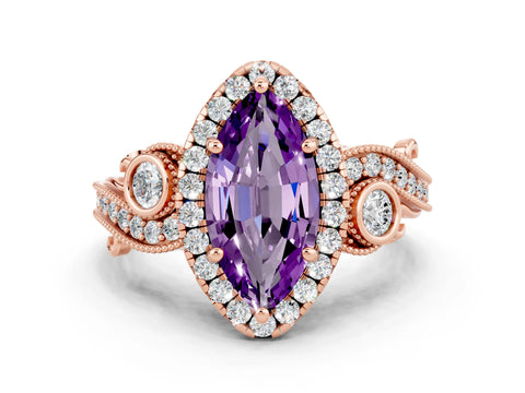 Rose gold Marquise Cut Amethyst Halo Ring with Milgrain Pavé Band and Four-Prong Setting_12