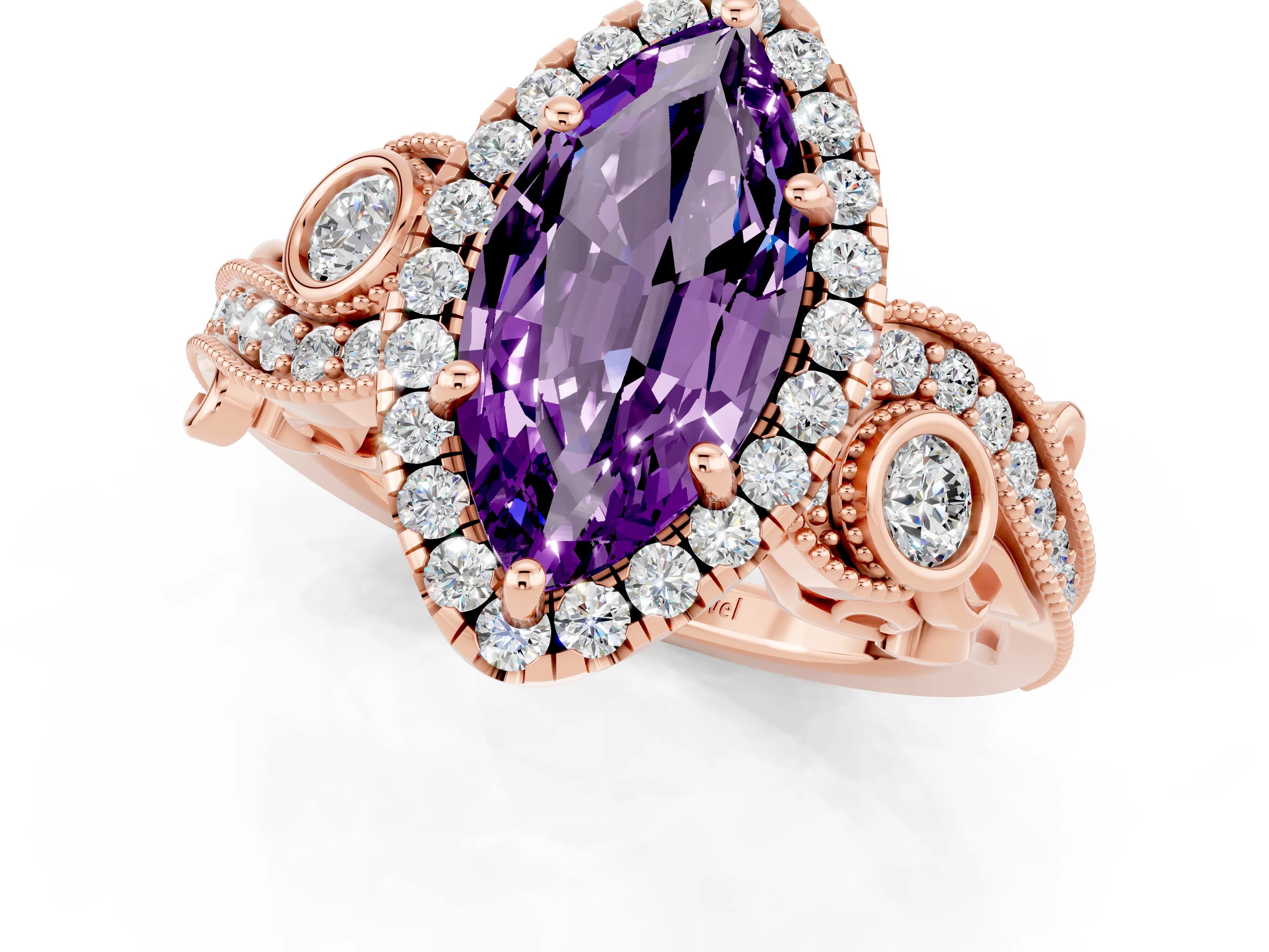 Rose gold Marquise Cut Amethyst Halo Ring with Milgrain Pavé Band and Four-Prong Setting_13