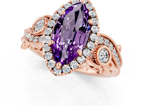 Rose gold Marquise Cut Amethyst Halo Ring with Milgrain Pavé Band and Four-Prong Setting_13