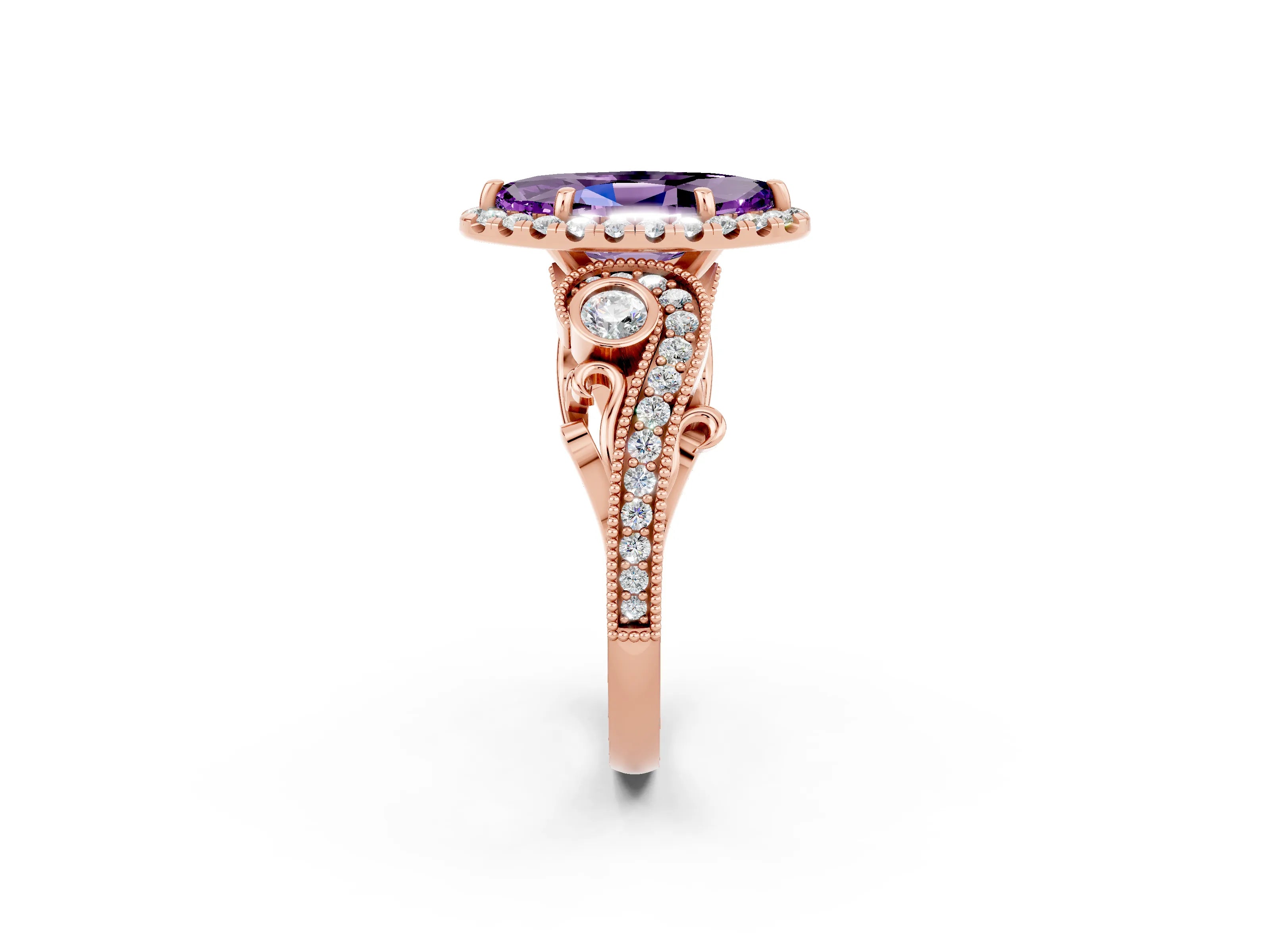 Rose gold Marquise Cut Amethyst Halo Ring with Milgrain Pavé Band and Four-Prong Setting_14