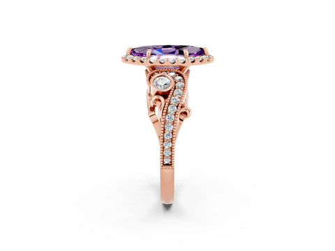 Rose gold Marquise Cut Amethyst Halo Ring with Milgrain Pavé Band and Four-Prong Setting_14
