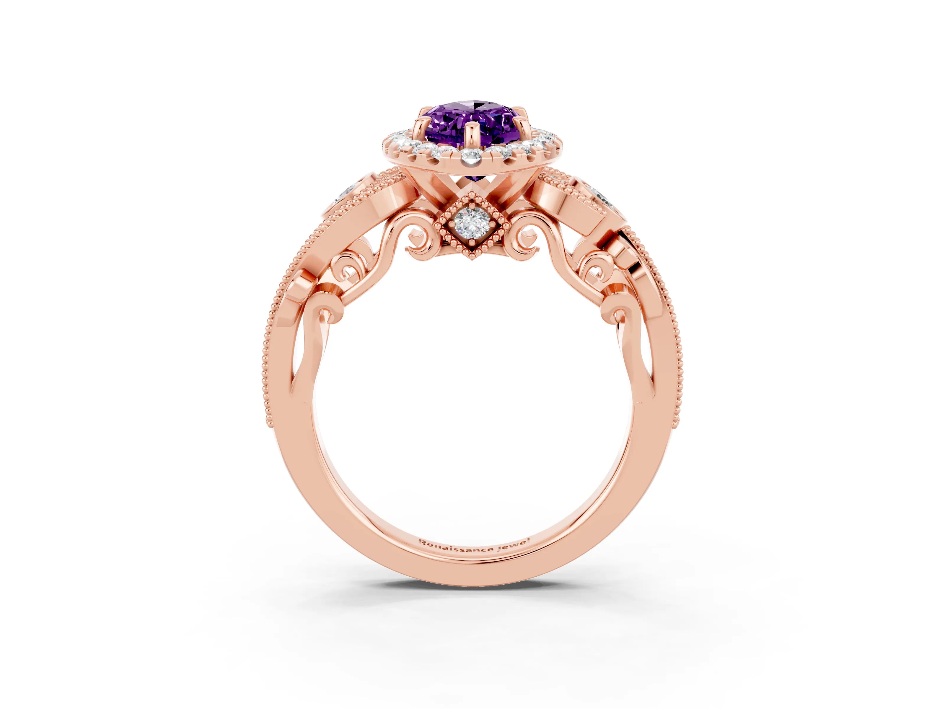 Rose gold Marquise Cut Amethyst Halo Ring with Milgrain Pavé Band and Four-Prong Setting_15