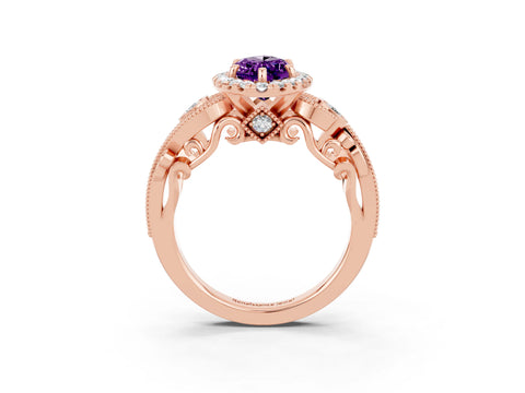 Rose gold Marquise Cut Amethyst Halo Ring with Milgrain Pavé Band and Four-Prong Setting_15
