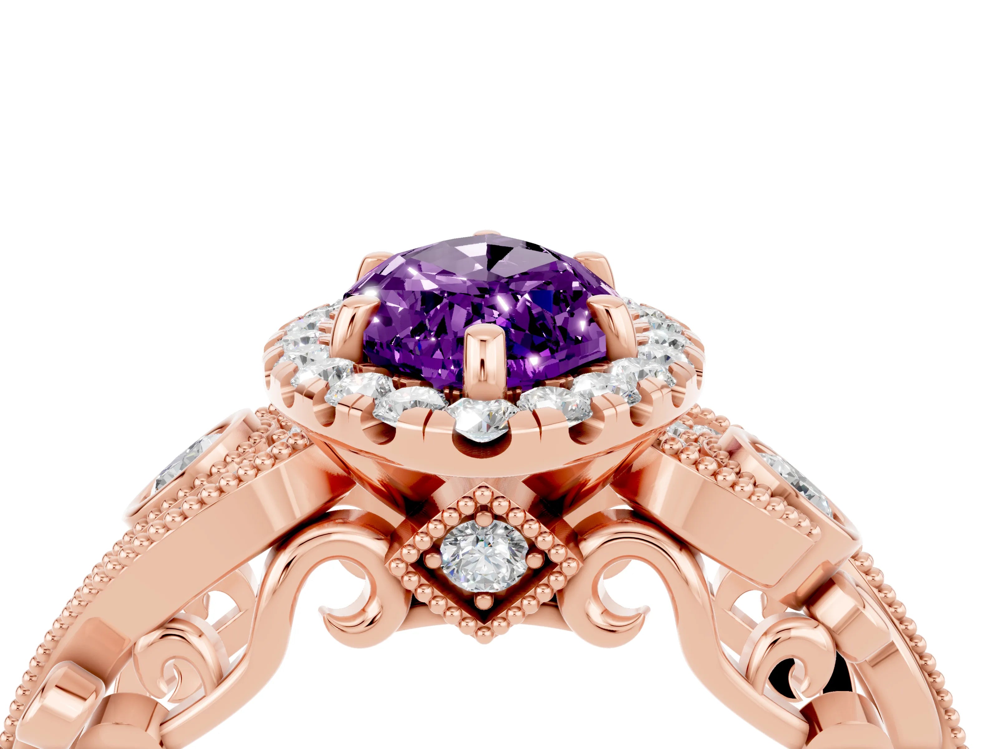 Rose gold Marquise Cut Amethyst Halo Ring with Milgrain Pavé Band and Four-Prong Setting_16