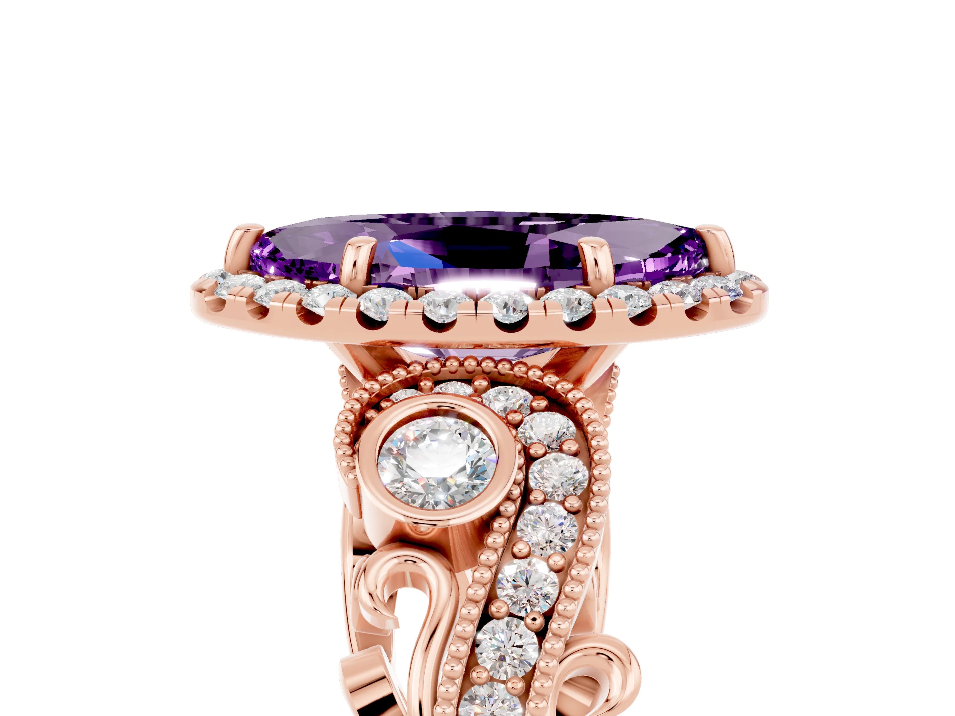 Rose gold Marquise Cut Amethyst Halo Ring with Milgrain Pavé Band and Four-Prong Setting_17