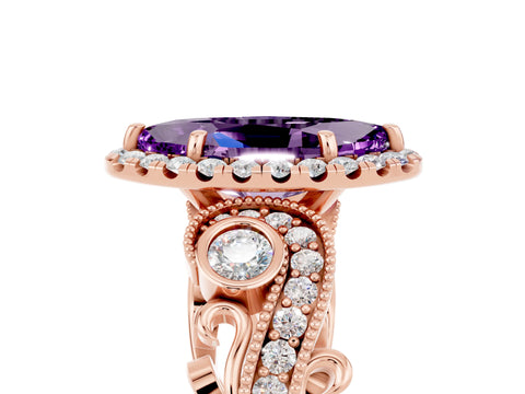 Rose gold Marquise Cut Amethyst Halo Ring with Milgrain Pavé Band and Four-Prong Setting_17
